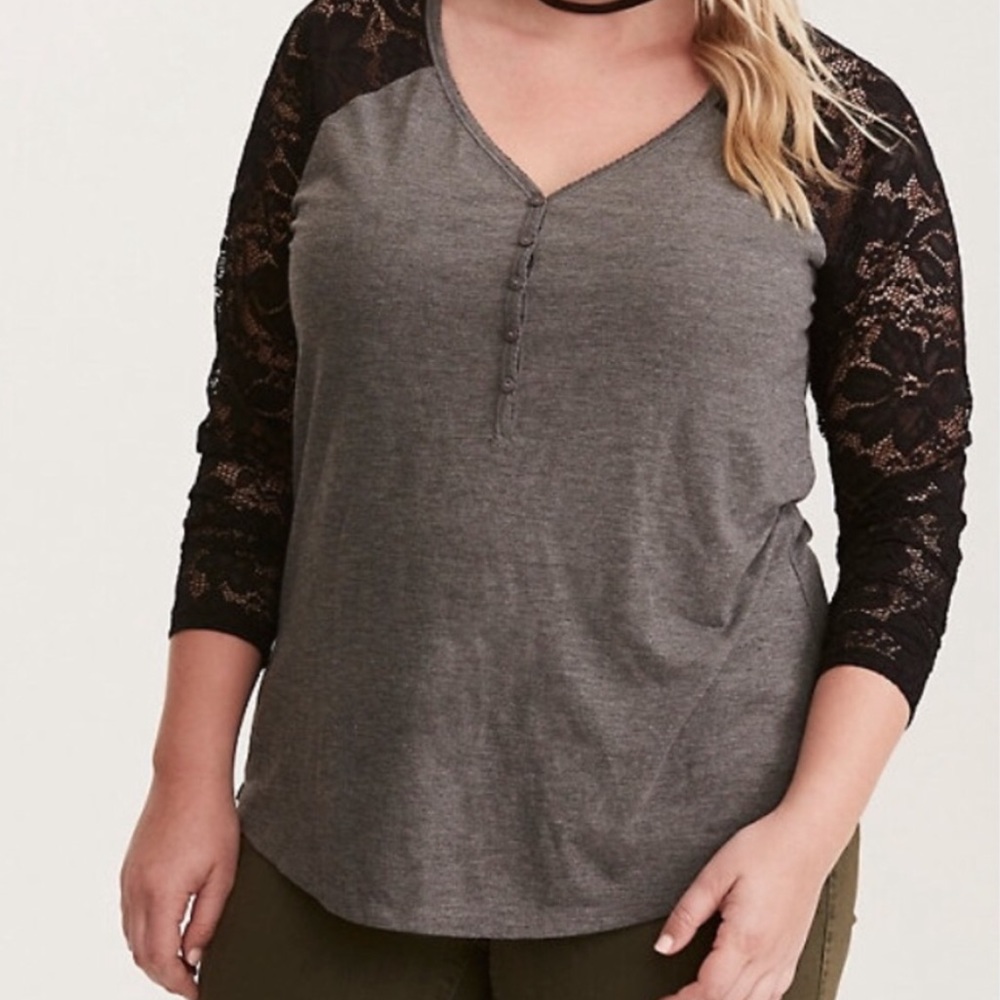 TORRID Gray Lace Sleeve Henley Top Size 2X